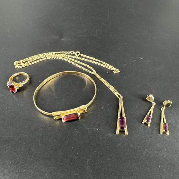 Avon Jewelry - Vtg AVON 4 Pcs Set Purple Rhinestone Gold Tone Bracelet Necklace Earrings Ring